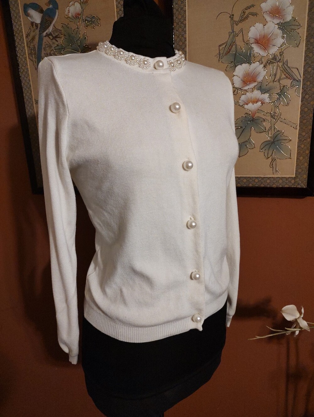 🎀🌹🎀 Dazzling Elaborate Faux Pearl Chantilly Cream Ivory Sweater Cardigan - M - Picture 3 of 16